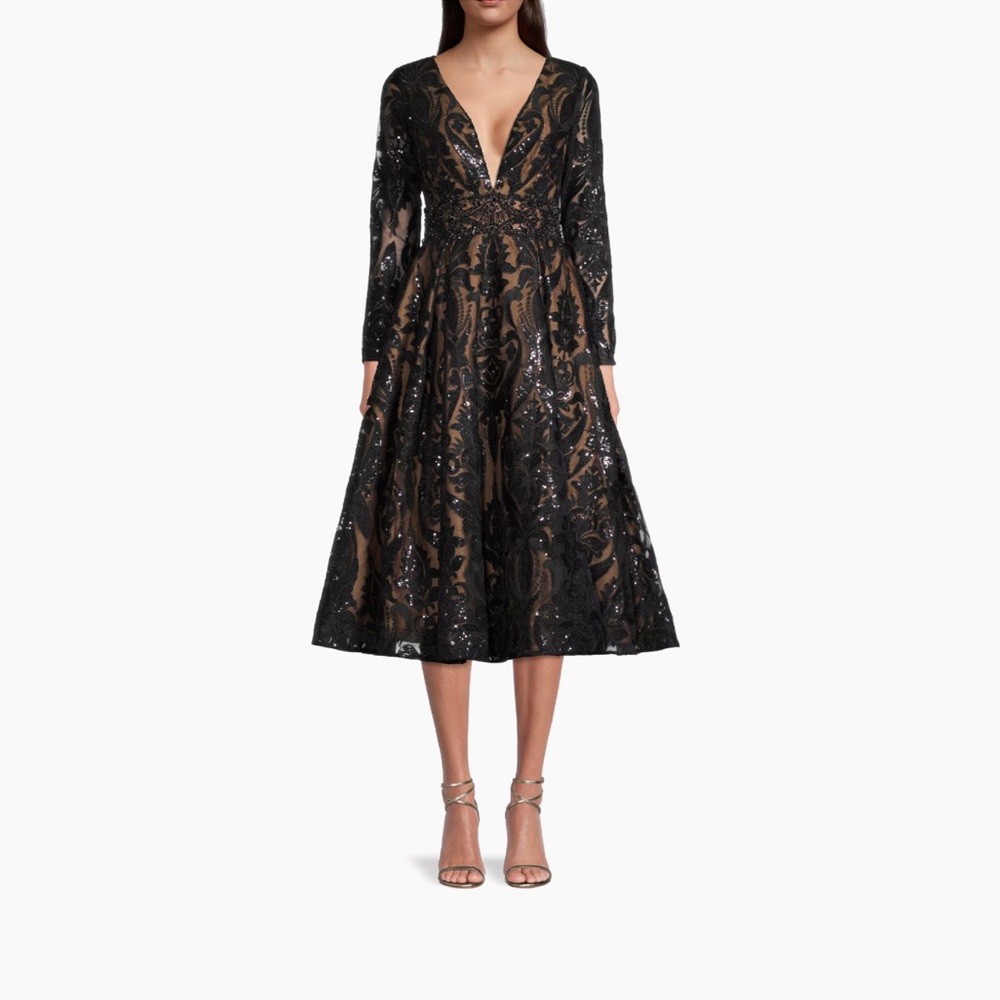 Mac Duggal Sequin Embroidered A-Line Dress 67529 Black Nude Size 8 NWT